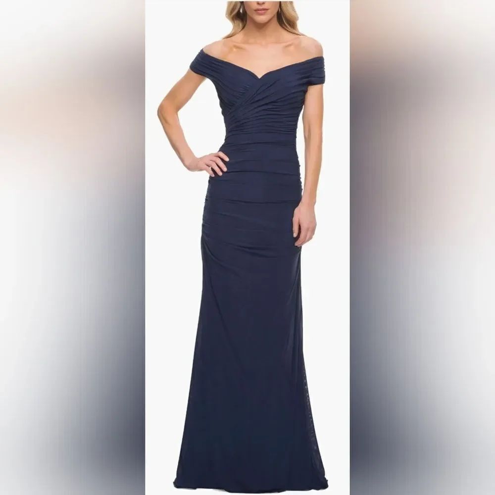 La Femme 30363 Long Ruched Gown with Off the Shoulder Top NWOT Size 8 Navy Blue